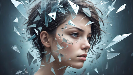 A woman's head reveals fragmented memories inside like broken glass shards, each shard reflects traumatic scenes. PTSD, mental disorder and chaos in consciousness, self identity concept