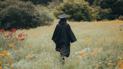 Graduate Walking Through a Colorful Wildflower Field