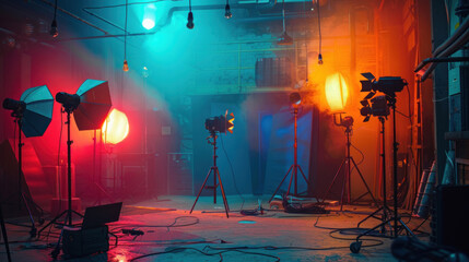 A film set illuminated by colored gels over lights, creating a surreal, moody atmosphere that enhances the film's visual storytelling