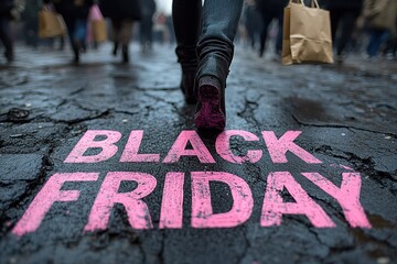 A close-up of a pink Black Friday inscription on the asphalt against a background of blurred people...