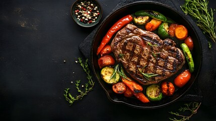 Steak with grilled vegetables in a cast-iron pan on a dark background, top view. Close-up of a food dish with steaks and greens for a presentation or promotional campaign of a restaurant or fast-food 