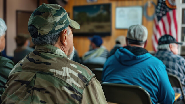 A group of veterans in a community center, listening to a presentation on maximizing Social Security benefits, with a focus on veteran-specific options