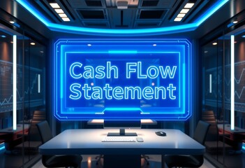 Fototapeta premium Glowing Holographic Cash Flow Statement in a High-Tech Office