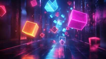 Colorful neon cubes floating in a dark futuristic environment, creating a vibrant and dynamic atmosphere.