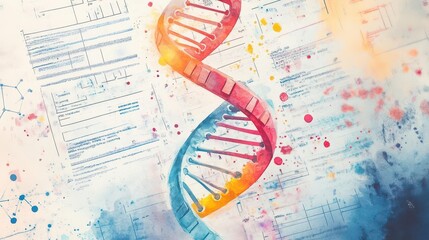DNA helix forming amidst lab notes and biotech research, scientific innovation theme, Watercolor style