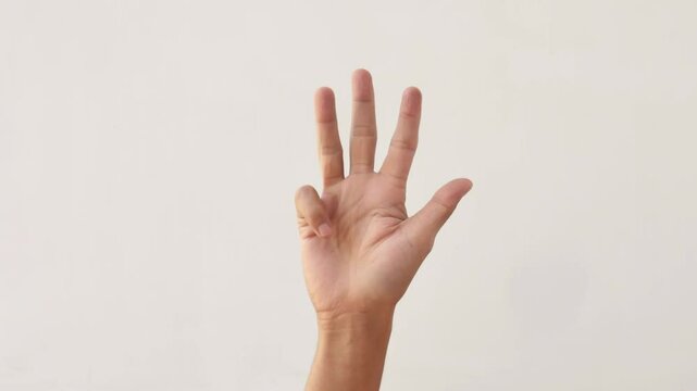 Asian male hands counting numbers one to five on white background. hand gesture of an adult asian man showing the numbers one to five on a white background. 4K slow motion footage.