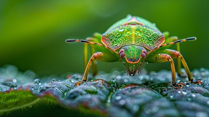Naklejka premium A Green and Orange Bug on a Dewy Leaf