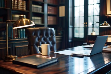 Organized Desk with Laptop, Coffee, and Study Materials . Generative AI
