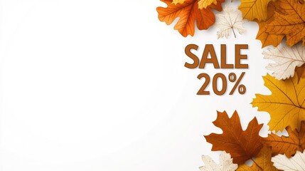 A creative sale announcement featuring text formed by real autumn leaves, set against a clean white background, perfect for fall shopping promotions and seasonal festivities