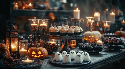 Realistic close-up of a spooky dessert table in a Western-themed Halloween party, with antique glasses, ghost-shaped cupcakes, and flickering lanterns, with ample space in the background for text