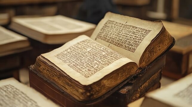 Ancient text reading, showing scholars or enthusiasts reading historical manuscripts