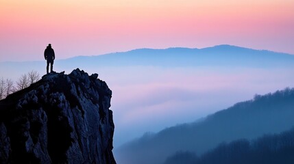Fototapeta premium A solitary figure stands on a cliff, overlooking a misty valley at sunrise.