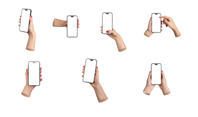 Phone in hand with blank screen mockup, isolated on white background.