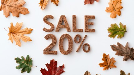 A creative sale announcement featuring text formed by real autumn leaves, set against a clean white background, perfect for fall shopping promotions and seasonal festivities