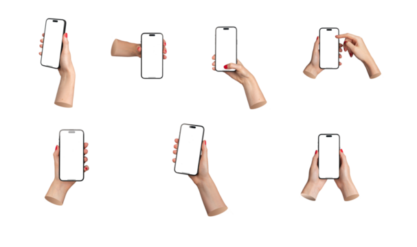 Phone in hand with blank screen mockup, isolated on white background.