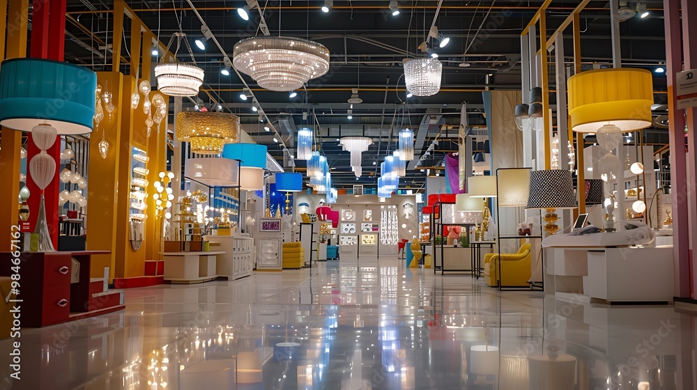 Wall mural vibrant display of different lighting options in a large home lighting store, with colorful fixtures