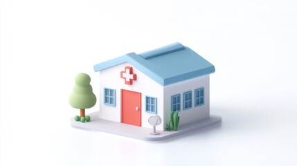 A colorful, stylized miniature house representing a medical facility.