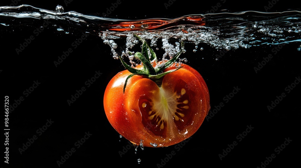 Wall mural A fresh tomato submerged in water, showcasing bubbles and vibrant colors.