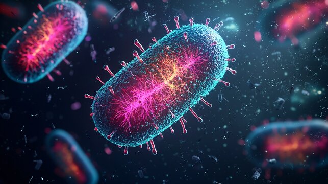 Diagram of bacterial binary fission, highlighting cell division process. Dark backdrop with bright colors.