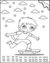 Cute little boy mounted in skateboard character vector image Coloring Page For Kids.