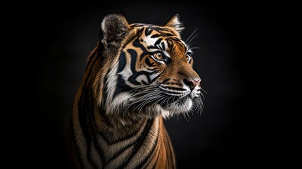 Fototapeta premium A close-up portrait of a majestic tiger against a dark background, showcasing its features.