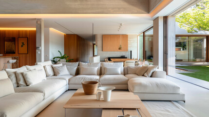 Cozy living room with sectional sofa in light tones, featuring modern design and open layout that invites relaxation and comfort. space is bright and airy, perfect for gatherings