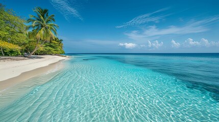 Fototapeta premium Crystal-Clear Turquoise Waters of a Tropical Beach with Palm Trees and Sandy Shore