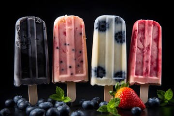 Fruit ice cream popsicles with blueberries and strawberries on black background