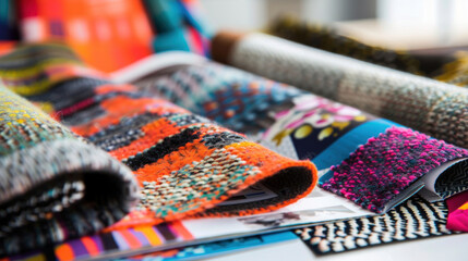 A fashion magazine made entirely of fabric, with each page featuring samples of new materials and textures, allowing readers to touch and feel the trends