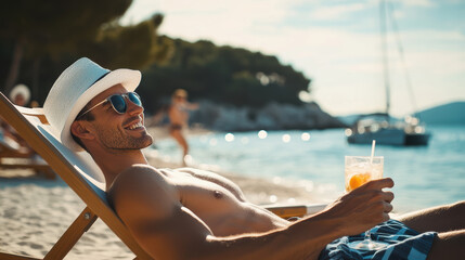 A relaxed man in a sunhat lounges on a beach chair, sipping a cocktail, enjoying a sunny day by the calm ocean.