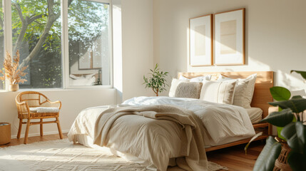 Bright and airy bedroom with light colored bedding, featuring cozy atmosphere and natural light streaming through large windows. decor includes plants and rattan chair, creating serene space