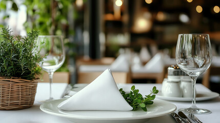 Fototapeta premium An elegantly set dining table adorned with crystal glasses, neatly folded napkins, and lush green decor in a sophisticated restaurant ambiance.