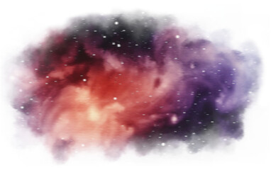 Fog effect creates a cosmic cloudscape, swirling with vibrant hues of purple, red, and hints of gold, reminiscent of a distant nebula