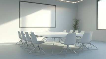 A modern conference room with a large table and chairs, designed for meetings.