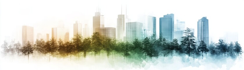 Fototapeta premium A vibrant city skyline blended with nature, showcasing a harmony between urban architecture and lush trees in a colorful style.