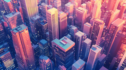 Obraz premium Aerial view of tall city skyscrapers creating a dense urban landscape, capturing the complexity and beauty of modern architectural design. Rooftop View. Illustration