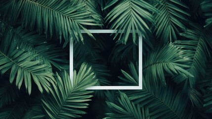 A lush arrangement of green palm leaves surrounding a blank white frame.