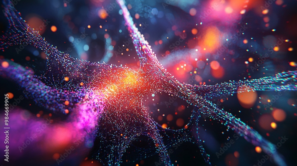 Wall mural abstract colorful network of light and particles