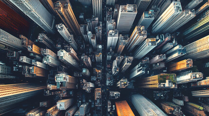 Aerial view of tall city skyscrapers creating a dense urban landscape, capturing the complexity and beauty of modern architectural design. Rooftop View. Illustration