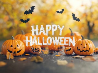 text "HAPPY HALLOWEEN" written in white, with pumpkins surrounding it, an orange color theme, and a Halloween vibe Generative AI