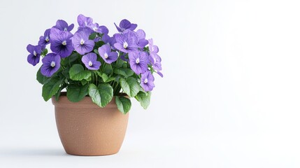 Naklejka premium A vibrant pot of purple flowers against a light background.