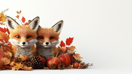 Obraz premium Two cartoon foxes among autumn leaves and pumpkins, creating a cozy seasonal scene.