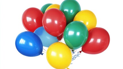 A bright assortment of red, blue, yellow, and green balloons, clustered together on a crisp white background, ideal for festive designs