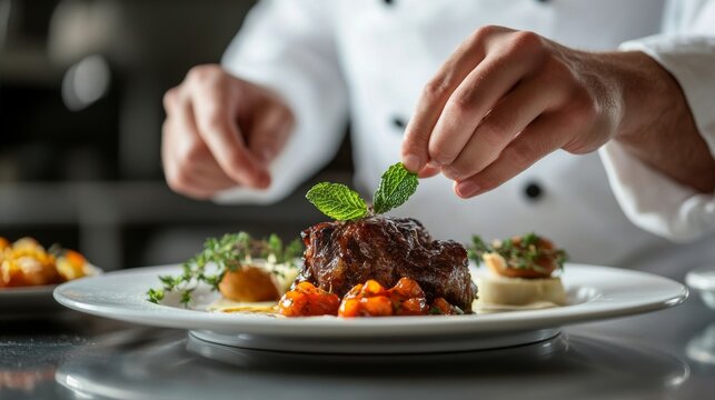 Chef plating gourmet dish with fresh herbs and vegetables.