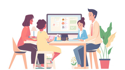 Fototapeta premium A family gathered around a computer, discussing Social Security survivor benefits with a financial advisor, the screen displaying options for dependent support