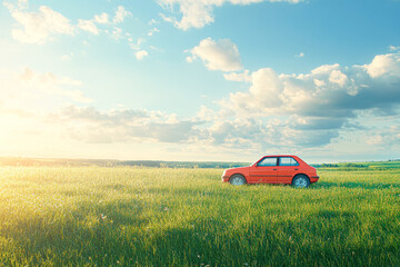 Fototapeta premium Fusion of Nature and Mobility Car Parked in Grassy Field under Sunny Sky