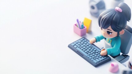 A stylized character working intently at a keyboard in a creative workspace.