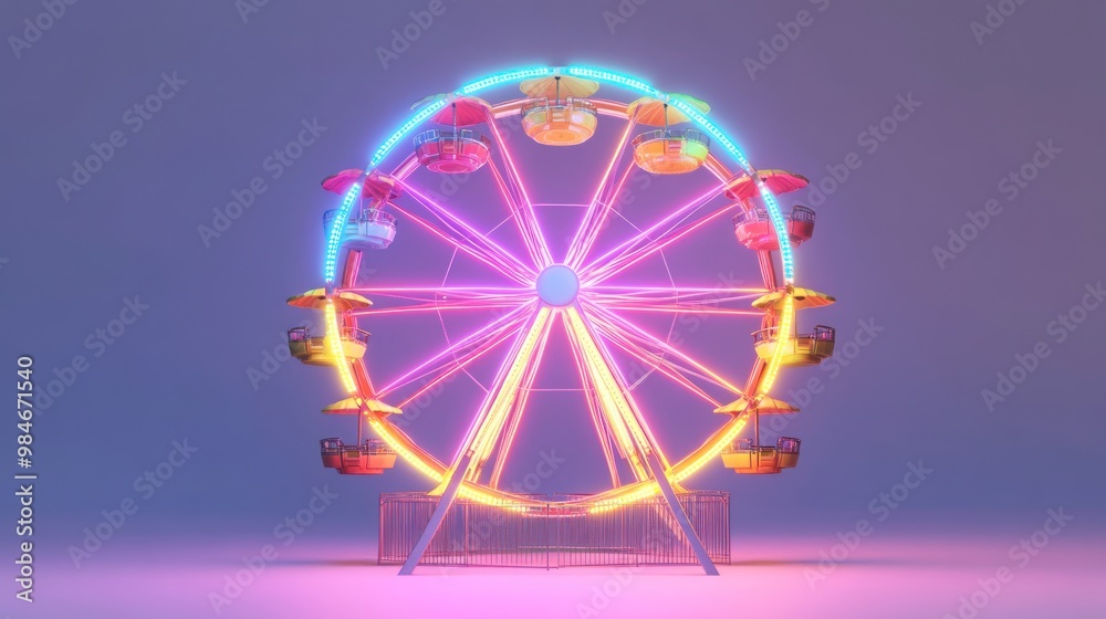 Canvas Prints A colorful ferris wheel illuminated with vibrant lights, set against a soft gradient background.