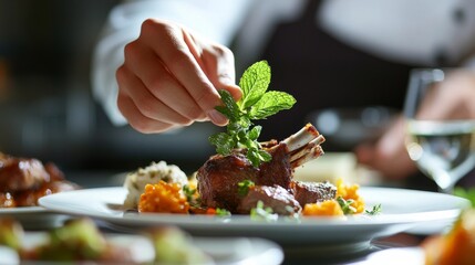 Chef garnishing dish with fresh herb on elegant table setting