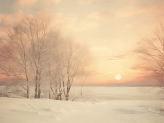 Soft winter landscape with bare trees and sunset glowing over snowy field

